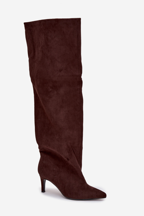 Жіночі чоботи на високому каблуці без застібки шоколадні Mavilla