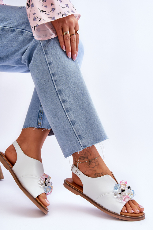 Жіночі шкіряні босоніжки з камінням Mersea білого кольору