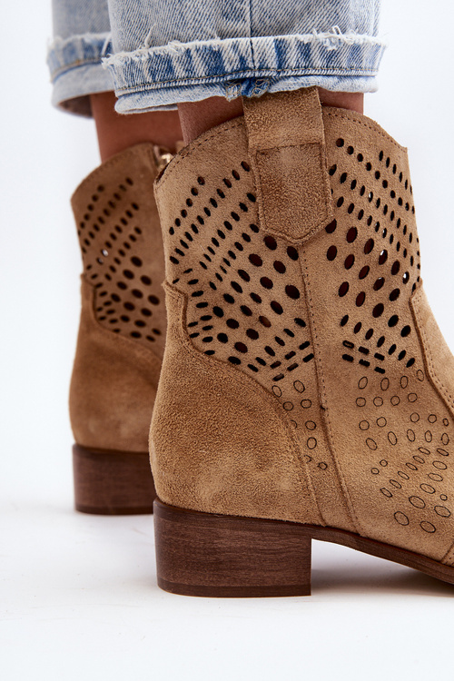 Zazoo 3305/2 Жіночі ковбойські чоботи з вирізом на низькому каблуці, замшеві бежеві