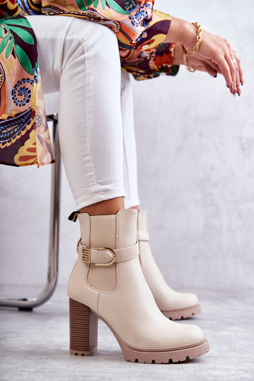 шкіряні чоботи на посту з декоративним поясом Бежевий Maresol