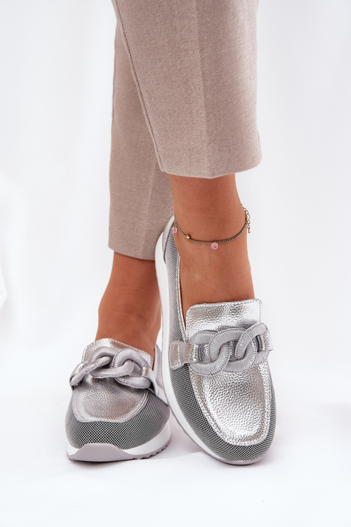 Шкіряні Жіночі Мокасини З Декором D&A LR51-966 Сріблясті