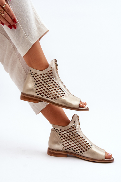 Шкіряні босоніжки з вирізом і блискавкою, золото Zazoo 977/L