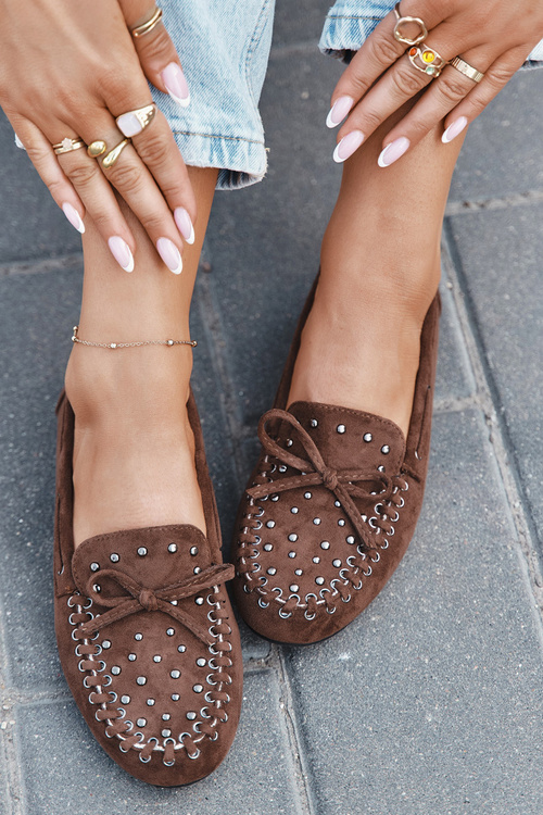 Прикрашені жіночі мокасини з еко замші коричневі Prissine