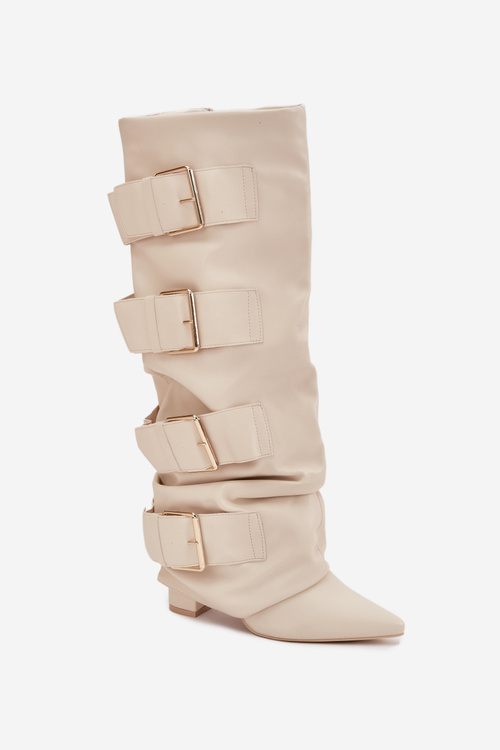 Жіночі чоботи на високому каблуці з повернутим халявою та золотою пряжкою Світло бежеві Isavelle