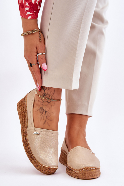 Жіночі шкіряні еспадрільї на танкетці бежево-золотого кольору Hadlee