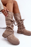 Жіночі замшеві чоботи зі шнурівкою бежево-коричневого кольору