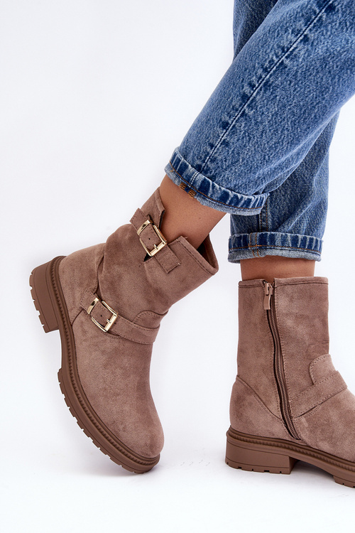 Жіночі чоботи на плоскій каблуці з пряжками темно-бежеві Bliggore