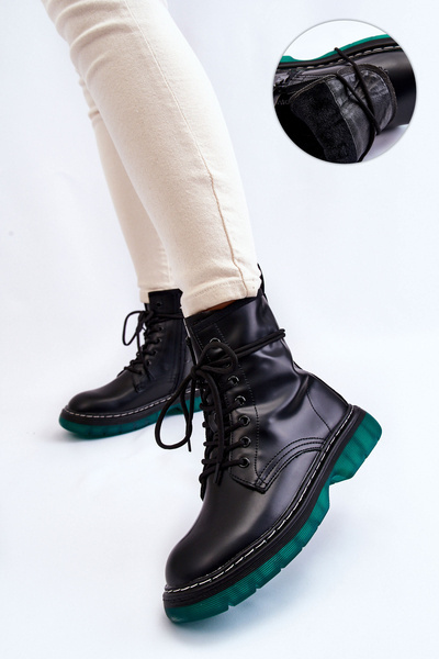 Жіночі черевики на шнурівці на зеленій підошві Чорні Trinah