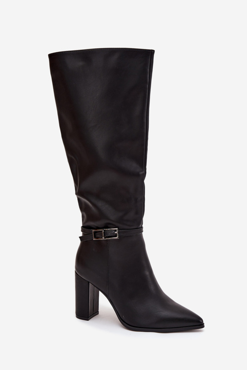 Жіночі утеплені чоботи на каблуці з пряжкою Чорні Fionelle