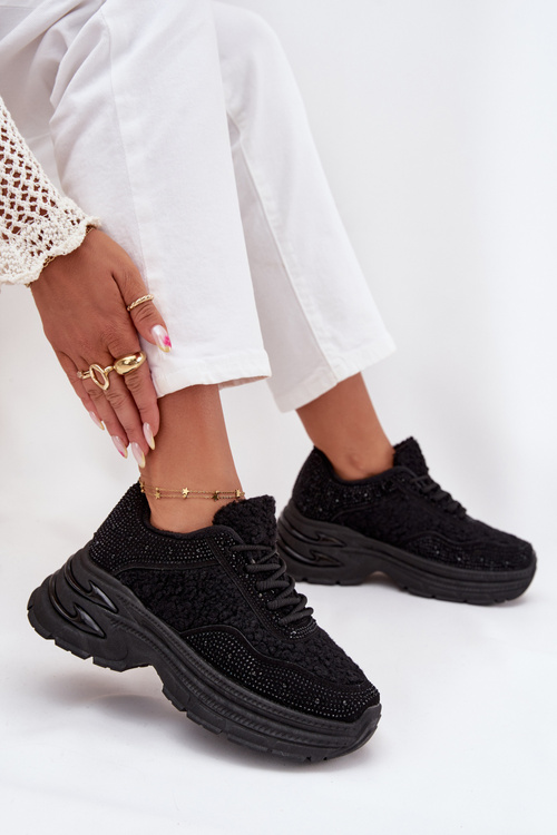 Кросівки Жіночі З Цирконіями І Овечою Шкірою Чорні Zarika