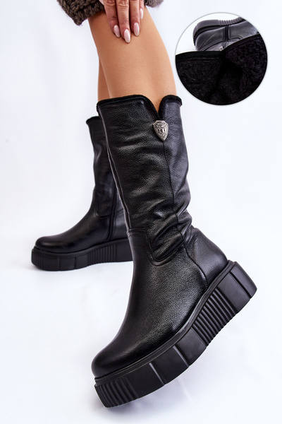 Чорні шкіряні жіночі чоботи з вовною Zazoo 70121