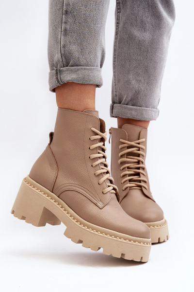 Бежеві шкіряні жіночі ботильйони Zazoo 3413 на масивному каблуці