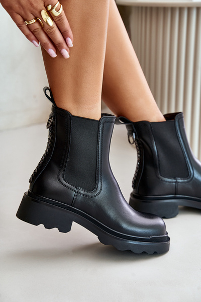 Шкіряні ботильйони з декоративною утепленою ланцюжком D&A JC42-86 Чорні