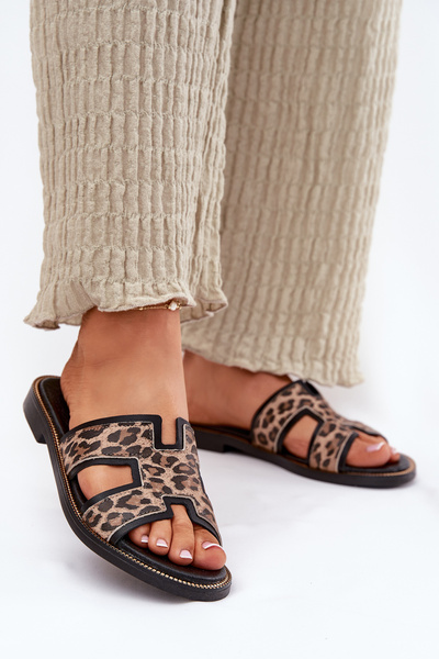 Шкіряні Плоскі Сандалі З Леопардовим Малюнком Zazoo 40383 Чорні