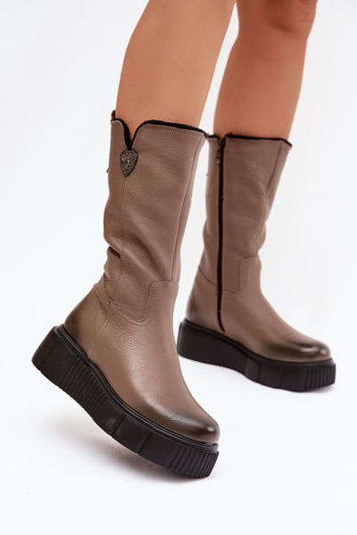 Zazoo 70121 Шкіряні Жіночі Чоботи З Вовною Темно Бежеві