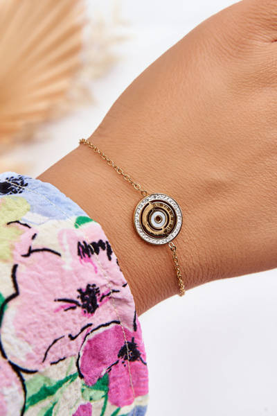 Сталевий браслет з колом і золотими цирконами 