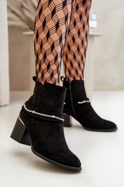 Теплі жіночі ботильйони на підборах з ланцюжком Еко Замша Чорні Hanalen
