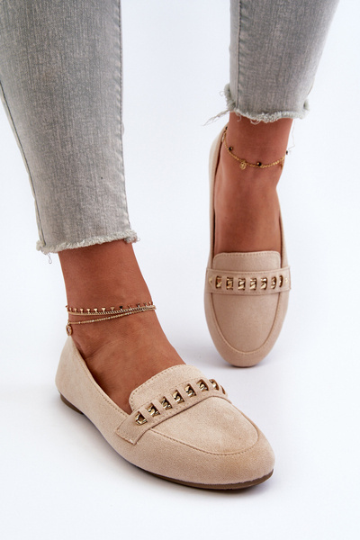 Блискучі жіночі лофери з ланцюжком бежеві Aredilla