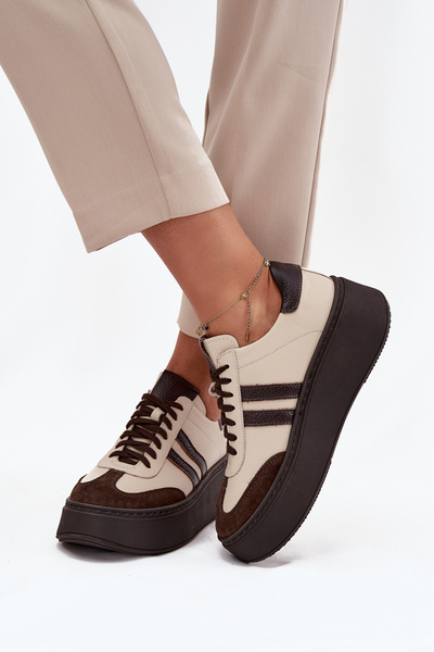Шкіряні жіночі кросівки на платформі Zazoo 3775 бежево-шоколадні