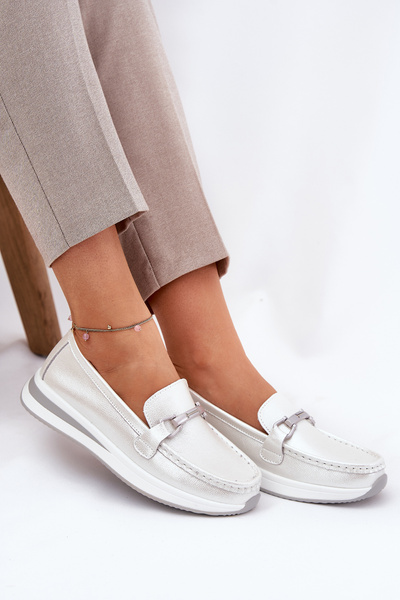 Шкіряні Жіночі Мокасини З Декором D&A LR51-966 Сріблясті