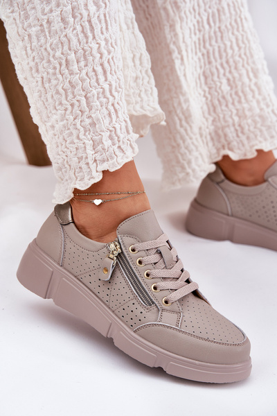 Шкіряне Спортивне Взуття Кросівки На Платформі З Блискавкою Vinceza 88019 Темно-бежеві