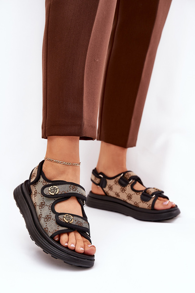Жіночі Патерні Текстильні Сандалі З Золотими Деталями Бежево-Чорні Pefese