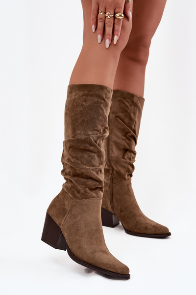 Жіночі чоботи з зібраним верхом на підборах утеплені зелені Paelina