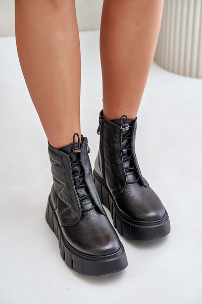 Чорні шкіряні ботильйони на платформі та танкетці Zazoo 60472