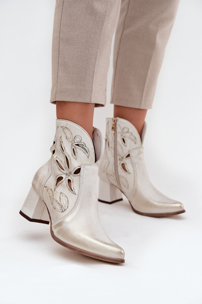 Шкіряні Витравлені Жіночі Чоботи На Каблуці Zazoo 3647 Золото Витертій