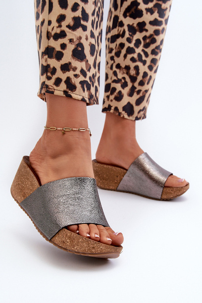 Zazoo 40291 Шкіряні жіночі сабо на корковій танкетці Графіт