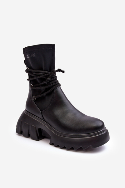 Чоботи на шнурівці на масивній платформі Чорні Big Star MM274590 