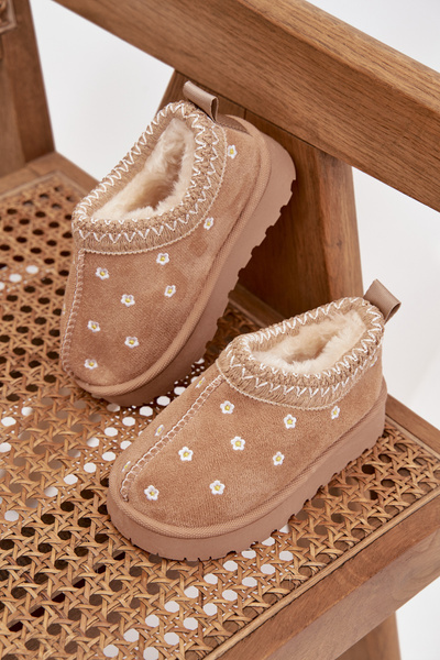 Дитячі зимові чоботи з квітами оббиті хутром бежеві Palina