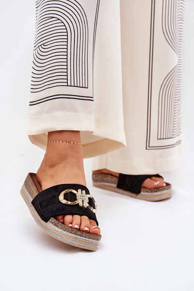 Жіночі Сандалі На Платформі З Блиском І Золотою Декорацією Чорні Rilirea