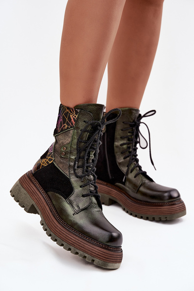 Шкіряні жіночі робочі черевики на платформі Maciejka 07104-09 Темно-зелений