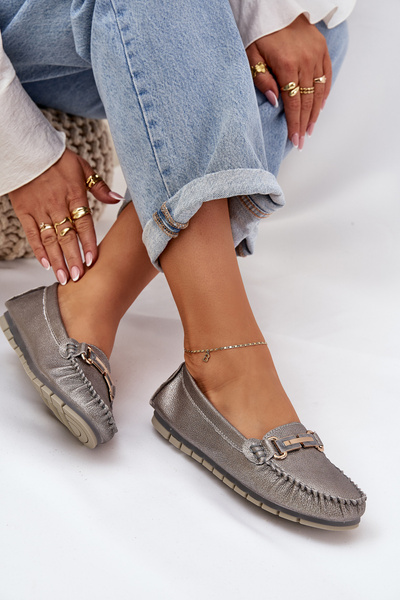 Блискучі Плоскі Мокасини З Натуральної Шкіри D&A LR51-546 Сріблясті