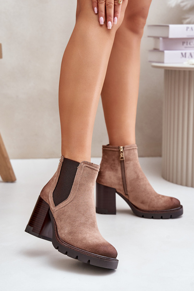 Теплі жіночі чоботи на підборах з еко замші бежевий Vinceza 58356