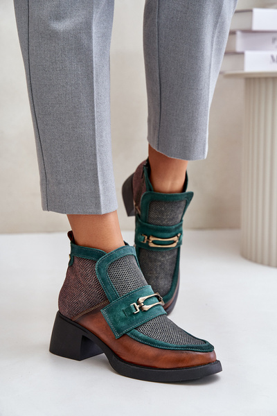 Шкіряні жіночі черевики з масивним каблуком з прикрасою Maciejka A6747-29 коричнево-зелені