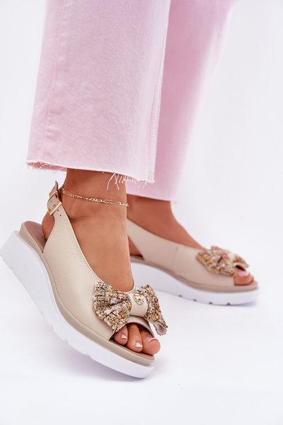 Дамські Шкіряні Сандалі На Котурні З Бантом Бежеві Zazoo 1882