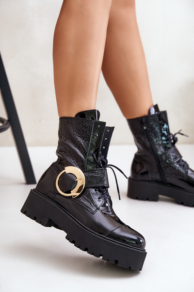 Чорні шкіряні робочі черевики Zazoo 2942 із золотою пряжкою