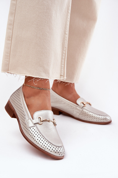 Шкіряні Жіночі Мокасини З Декором На Плоскому Каблуці S.Barski LR51-594 Сріблясті