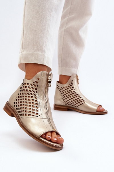 Шкіряні босоніжки з вирізом і блискавкою, золото Zazoo 977/L