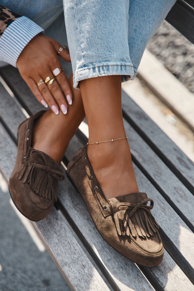 Жіночі мокасини з бахромою та бантом темно-зелені Olivianne