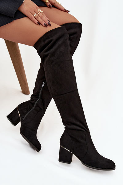 Жіночі чоботи до коліна на підборах з еко замшу чорні Zaretta
