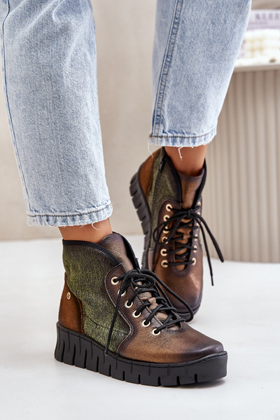 Шкіряні ботильйони на платформі та танкетці Maciejka 06702-09 Зелено-Золотий