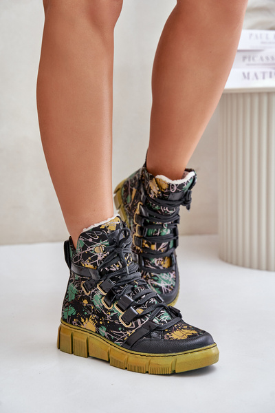 Шкіряні плоскі черевики на шнурівці Maciejka 06158-07 жовто-чорні