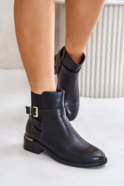 Жіночі ботильйони на низькому каблуці з екошкіри чорного кольору Zinlora