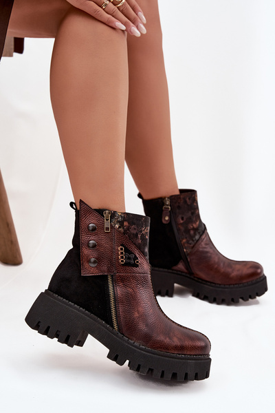 Шкіряні утеплені черевики на платформі та плоскому каблуці Maciejka 06140-02 коричневі