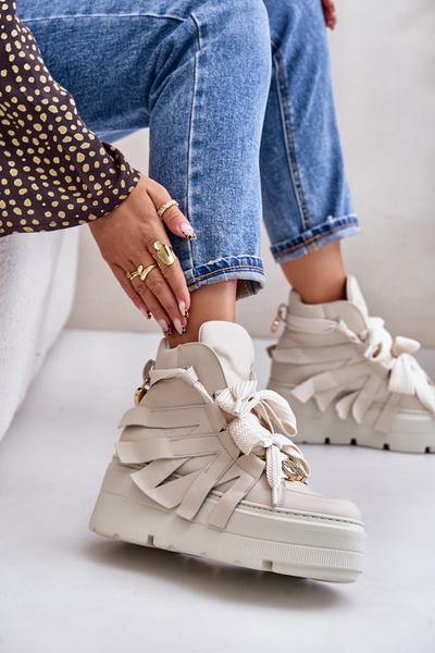 Шкіряні жіночі кросівки на масивній платформі бежеві CheBello 4561