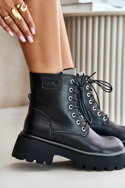 Теплі шкіряні ботильйони робочі жіночі з цирконієм GOE OO2N4125 чорний