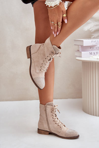 Декоровані чоботи на плоскій підошві Екозамшеві утеплені світло-бежеві Ellieo